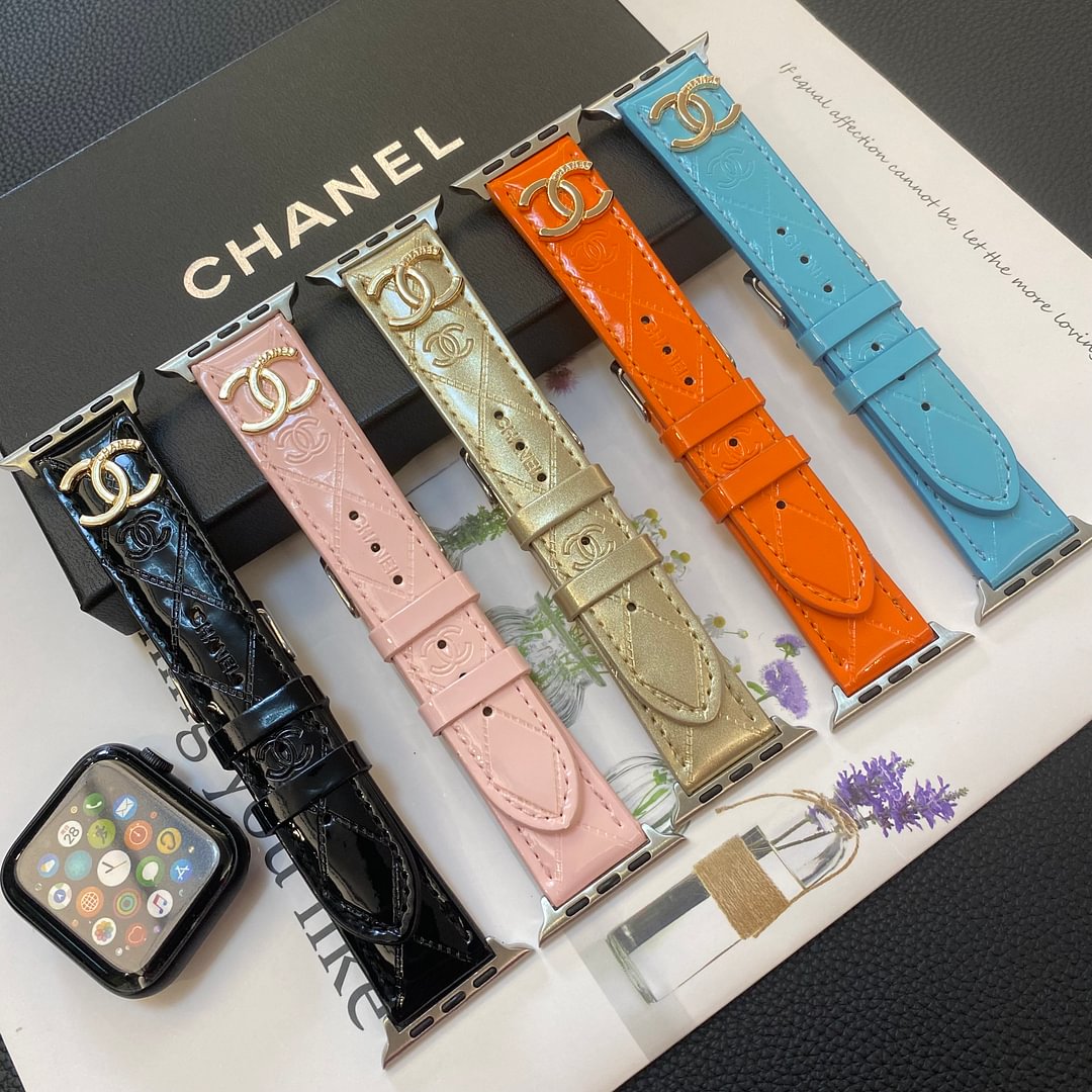 Glossy CHANEL Leather Apple Watch Strap Luxury Metal Logo
