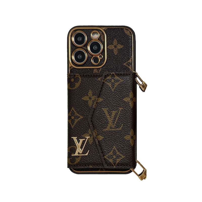 Designer Leather iPhone 17 Case | Wallet + Strap | Brown Inspired