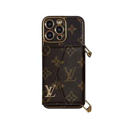 Designer Leather iPhone 17 Case | Wallet + Strap | Brown Inspired