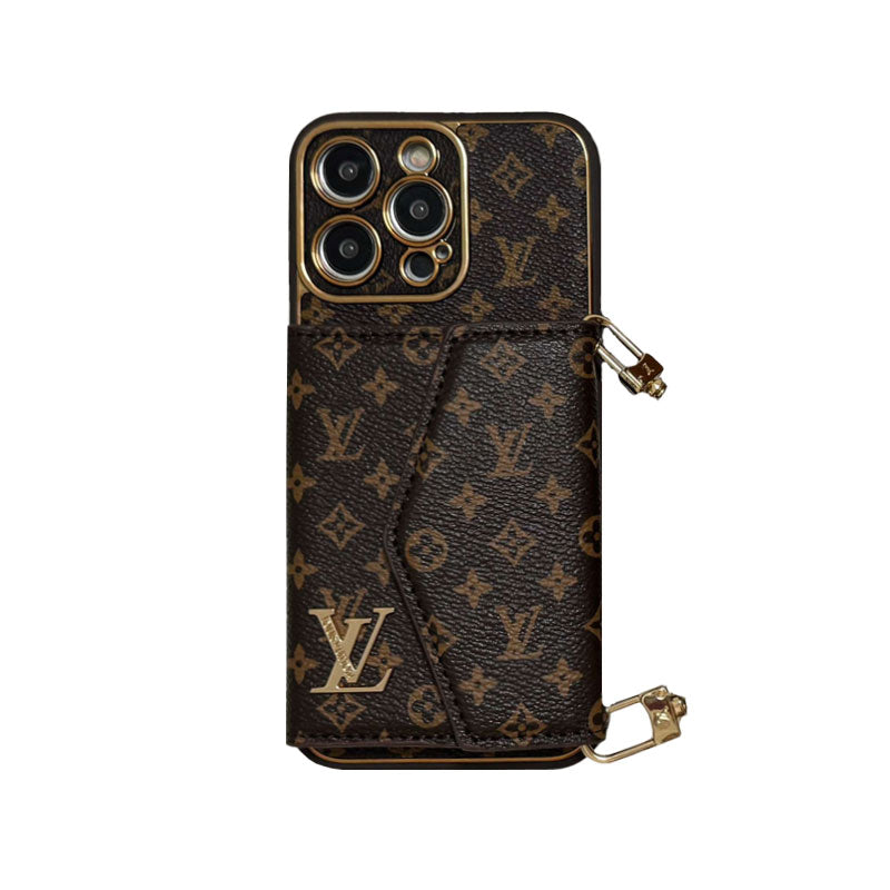 Designer Leather iPhone 17 Case | Wallet + Strap | Brown Inspired