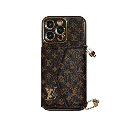 Designer Leather iPhone 17 Case | Wallet + Strap | Brown Inspired