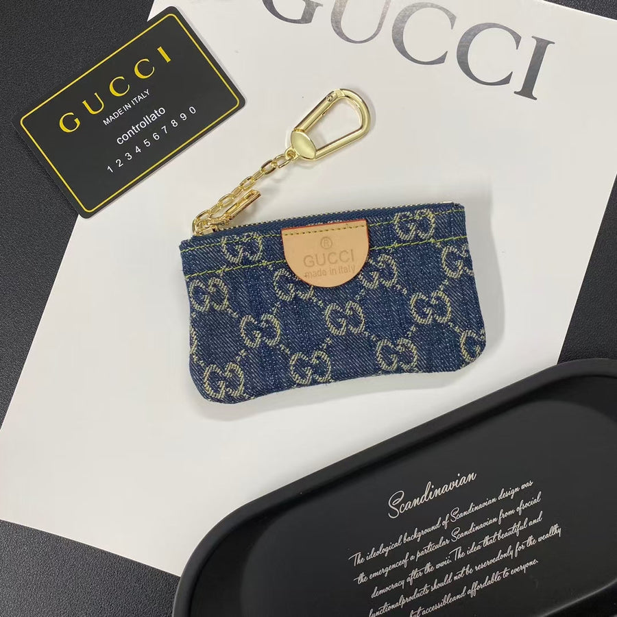 Denim Gucci Monogram Keychain Pouch Collection with Gold Clasps