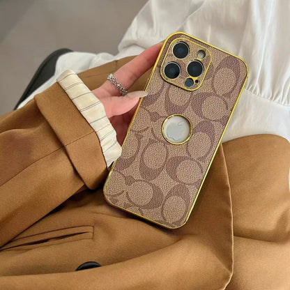 Inspired Coach Luxury Monogram iPhone 16 Case with Gold Trim