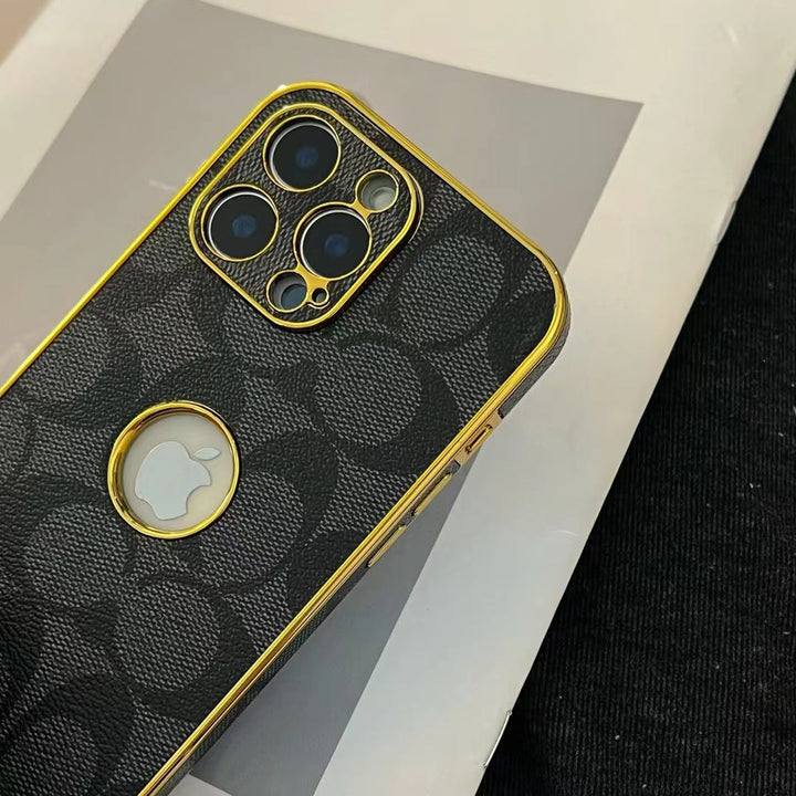 Inspired Coach Luxury Monogram iPhone 16 Case with Gold Trim