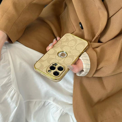 Inspired Coach Luxury Monogram iPhone 16 Case with Gold Trim