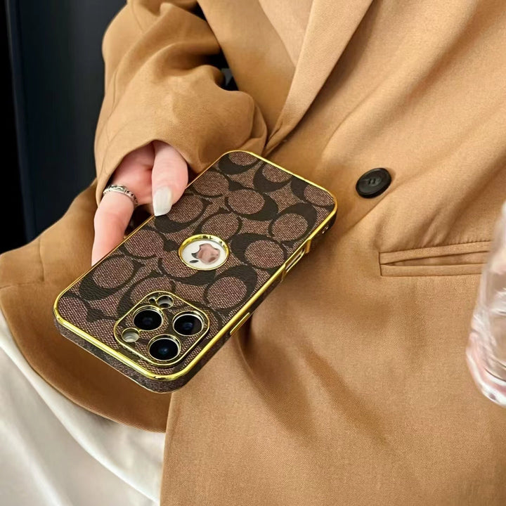 Inspired Coach Luxury Monogram iPhone 16 Case with Gold Trim