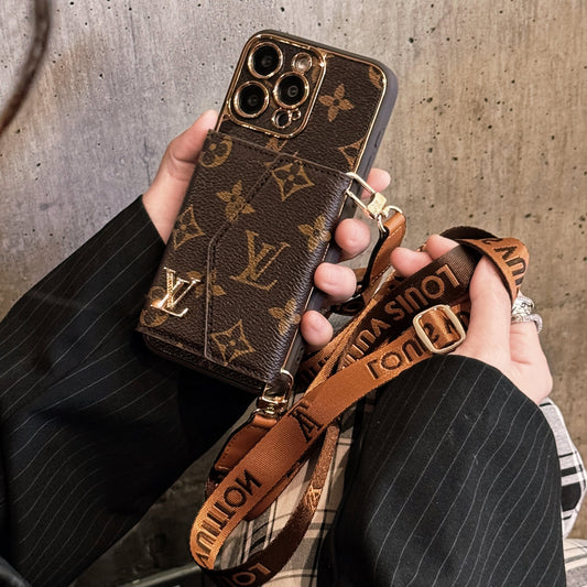 Designer Leather iPhone 17 Case | Wallet + Strap | Brown Inspired