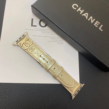 Glossy CHANEL Leather Apple Watch Strap Luxury Metal Logo