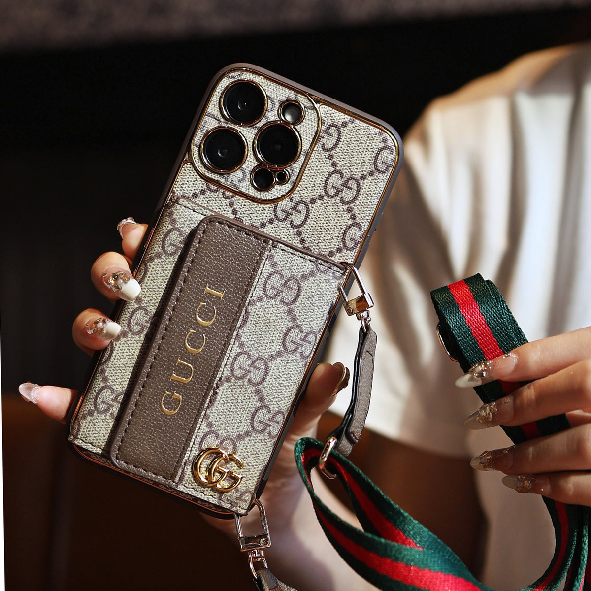 Luxury Leather LV iPhone 17 Case with Card Holder & Strap