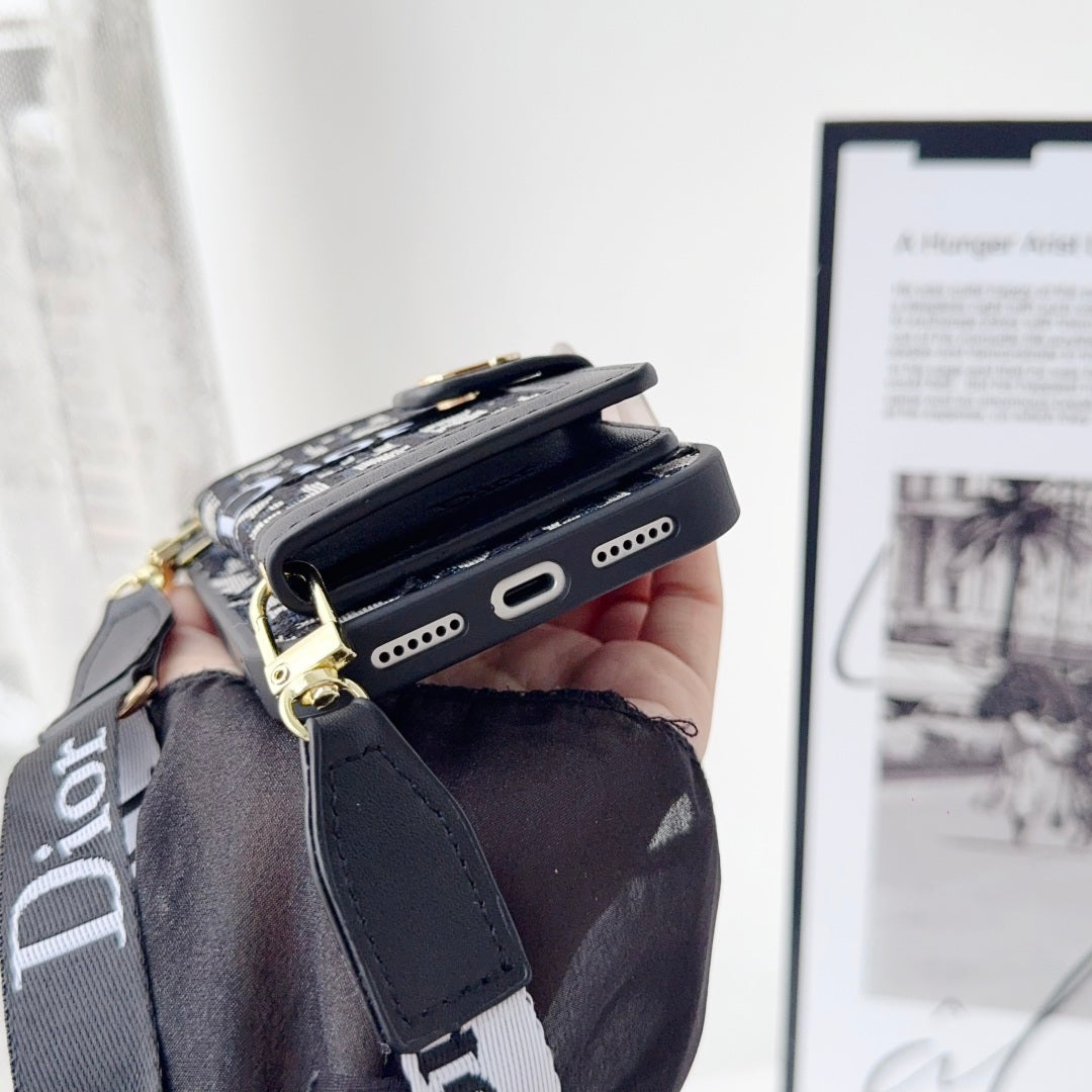 Dior Leather iPhone 17 Case With Card Wallet And Strap For iPhone 17 / 16 / 15 / 14