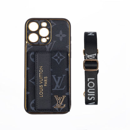 Luxury Leather LV iPhone 17 Case with Card Holder & Strap