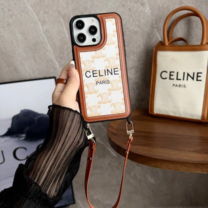 Designer Celine Leather IPhone Case with Wrist Strap