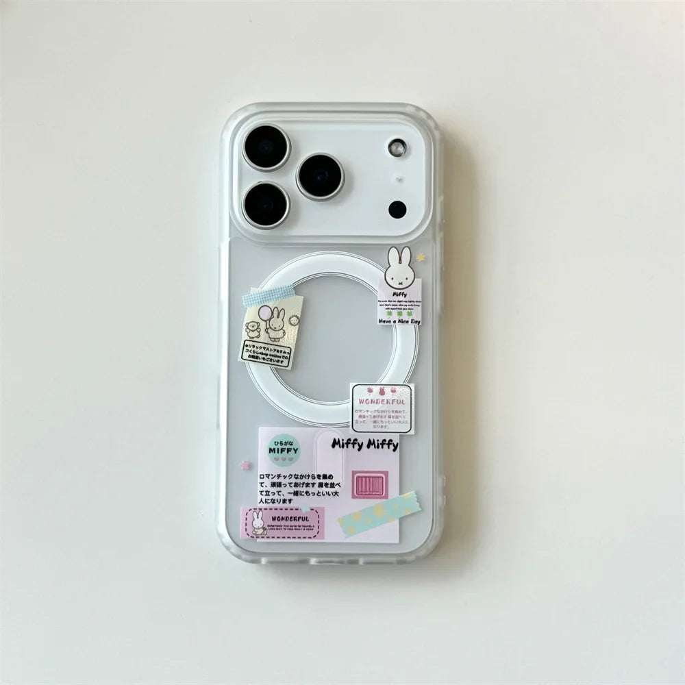 Korean Ins Cute Cartoon Rabbit with Magsafe Card Holde Magnetic Stand Phone Case For iPhone 17 16 Pro 15 17  Pro Max 14 13 Cover