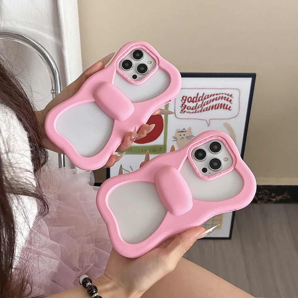 Cute Pink Bowknot Phone Case For iPhone 16 15 14 13 Pro Max 15 plus Shockproof Lovely Anti Drop Silicone Soft Cover Case Funda