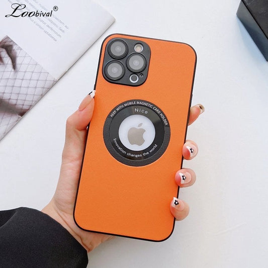 Luxury Leather Logo Hole Case for iPhone 14/13 /12 Glass Camera Film Protection Soft Shockproof Cover