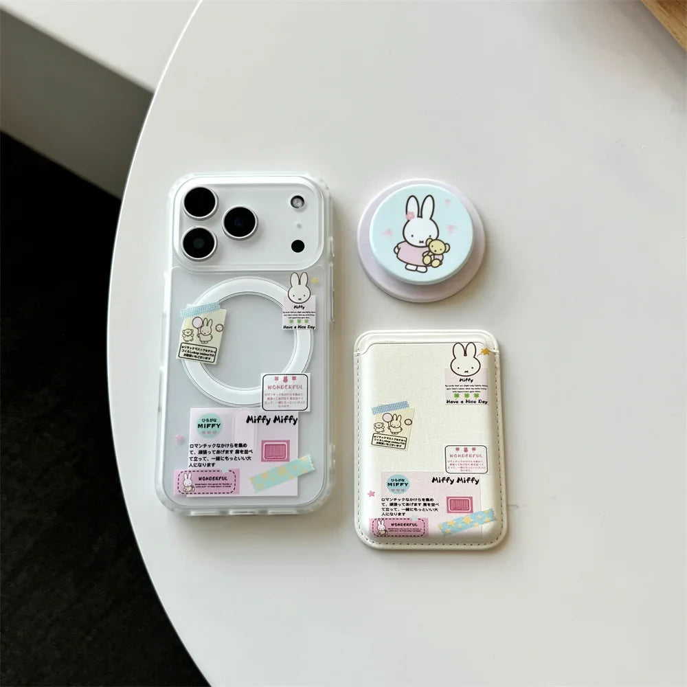 Korean Ins Cute Cartoon Rabbit with Magsafe Card Holde Magnetic Stand Phone Case For iPhone 17 16 Pro 15 17  Pro Max 14 13 Cover
