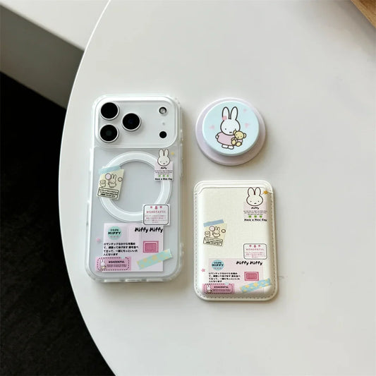 Korean Ins Cute Cartoon Rabbit with Magsafe Card Holde Magnetic Stand Phone Case For iPhone 17 16 Pro 15 17  Pro Max 14 13 Cover