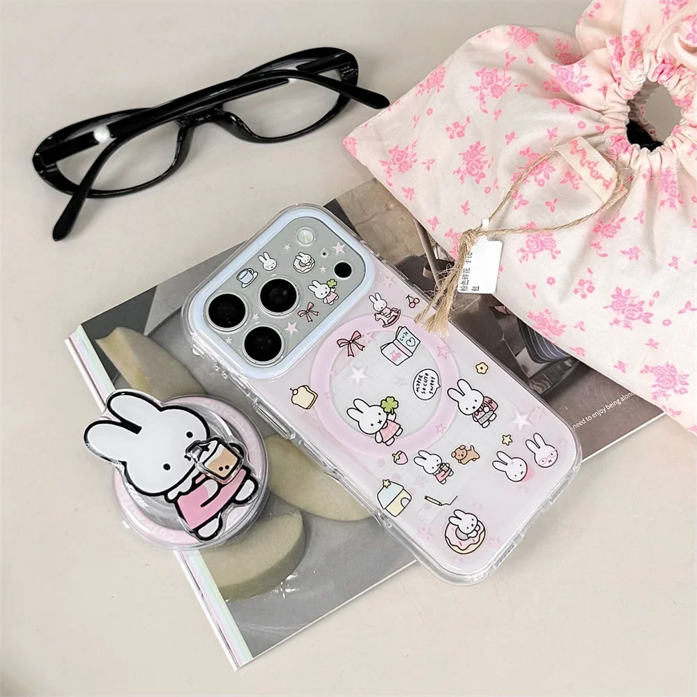Cute Cherry Pink Miffy Rabbit Magnetic Phone case for iPhone 15 16 17 16 Pro Max 17 Pro Cover With Magsafe Stand Kawaii Cases