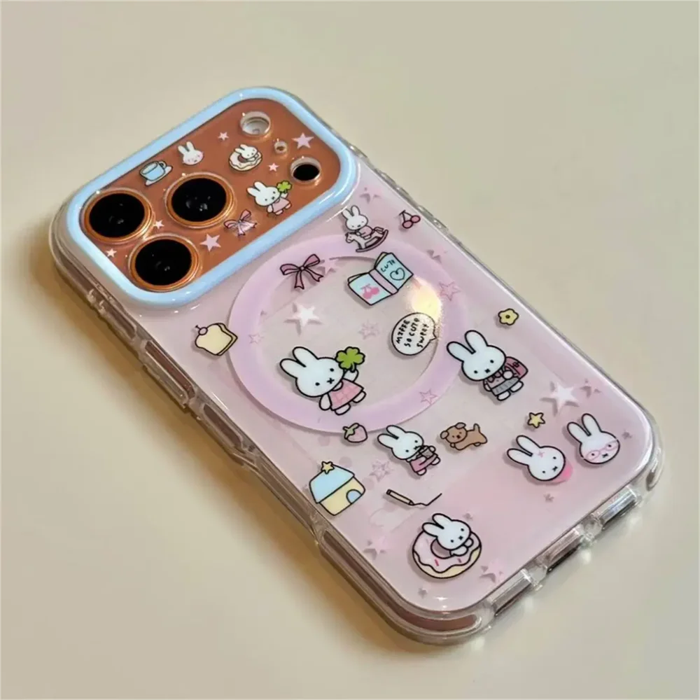 Cute Cherry Pink Miffy Rabbit Magnetic Phone case for iPhone 15 16 17 16 Pro Max 17 Pro Cover With Magsafe Stand Kawaii Cases