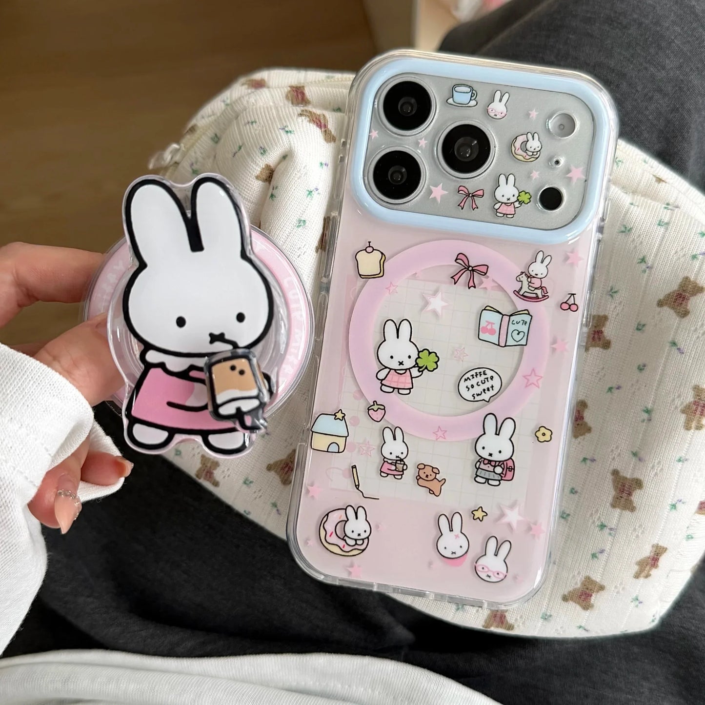 Cute Cherry Pink Miffy Rabbit Magnetic Phone case for iPhone 15 16 17 16 Pro Max 17 Pro Cover With Magsafe Stand Kawaii Cases