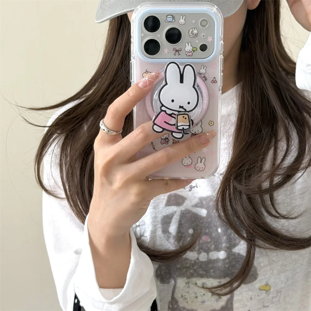 Cute Cherry Pink Miffy Rabbit Magnetic Phone case for iPhone 15 16 17 16 Pro Max 17 Pro Cover With Magsafe Stand Kawaii Cases