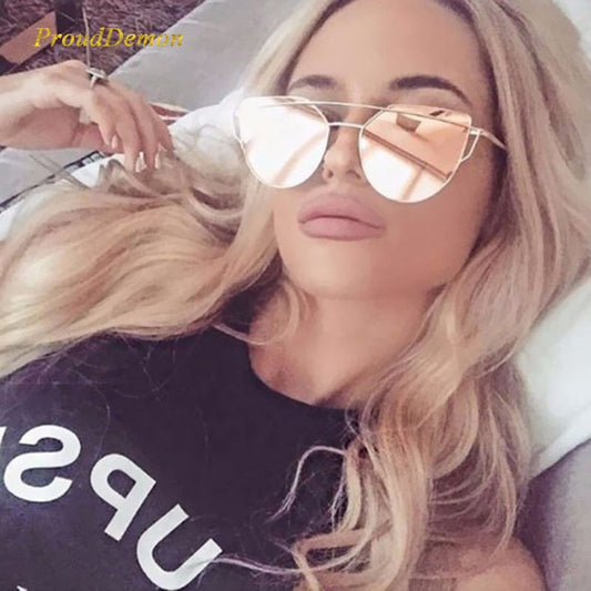 Designer Cat Eye Vintage Brand Designer Rose Gold Mirror Sunglasses For Women Metal Reflective flat lens Sun Glasses Female oculos Inspired